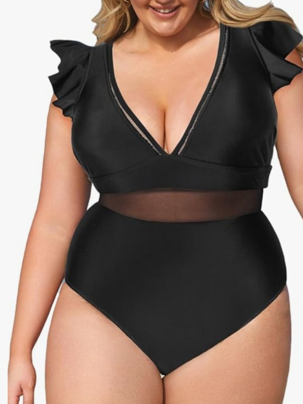 CUPSHE Women's One Piece Plus Size Black V Neck Ruffle Mesh Bathing Suit